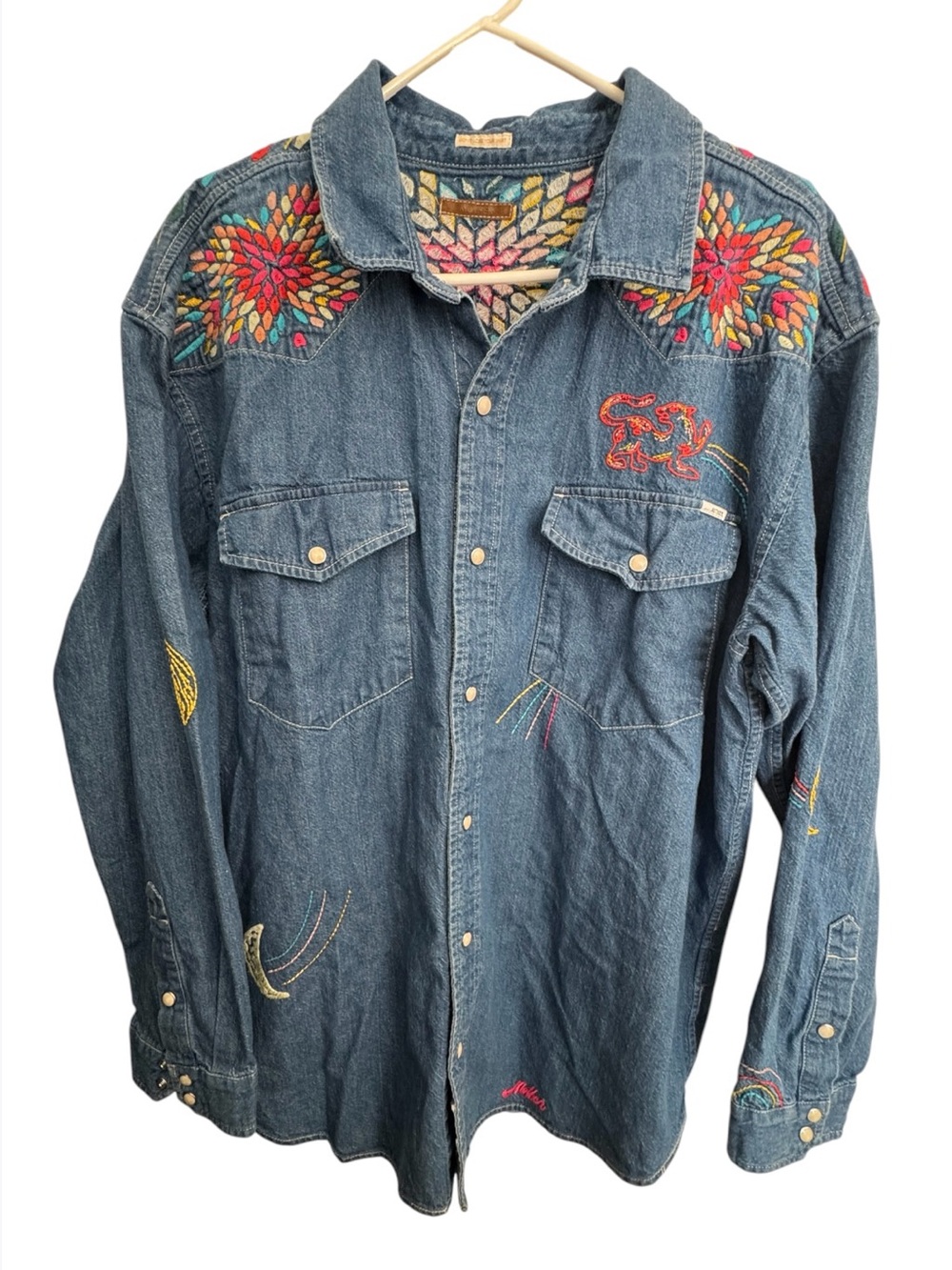 Mother Exes and Ohs Embroidered Denim Western Shirt "Kaleidoscope Kitty" Size L